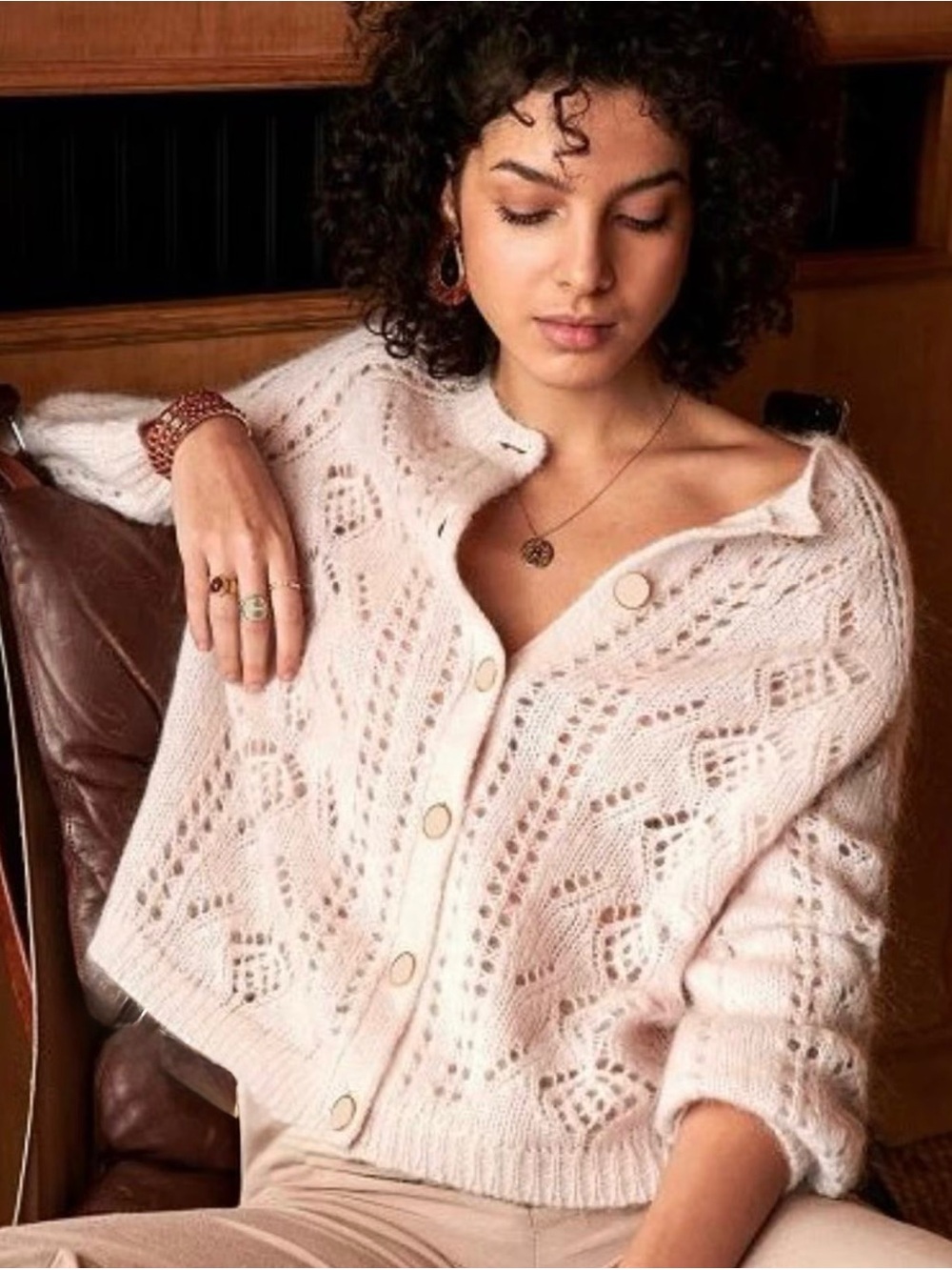 Sezane Mario Cream Mohair Merino Wool Blend Knit Cardigan M